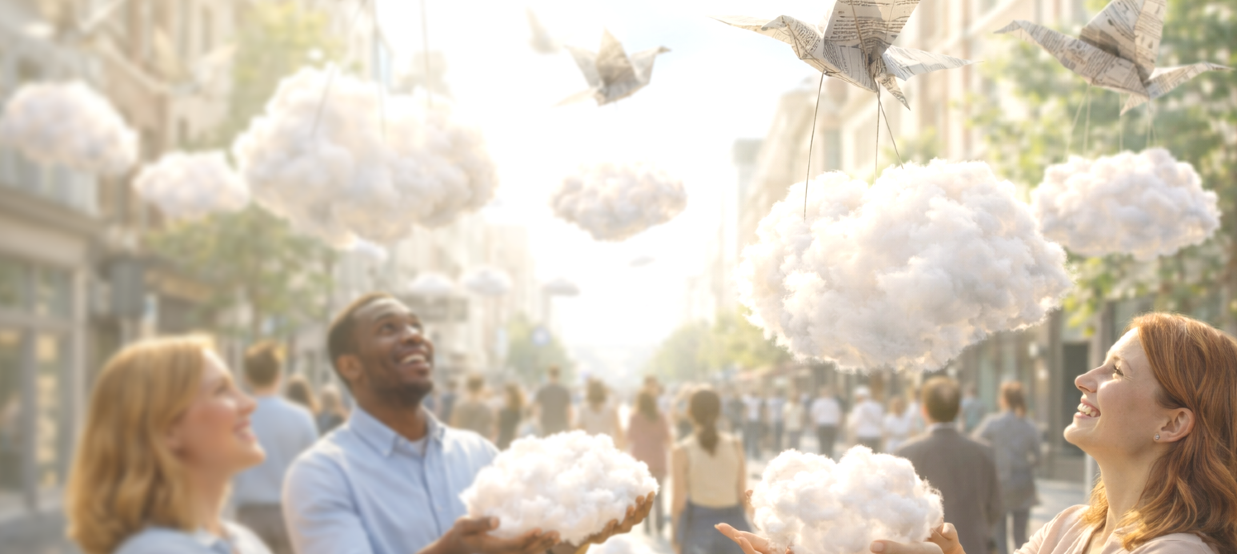 Menschen mit Wolken vor einer sonnigen Stadtkulisse